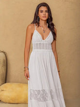 White crochet tiered maxi cami dress with lace inserts