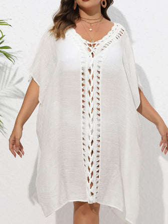 White Crochet Trim Beach Cover Up for Women White One Size
