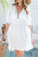 White Crochet-Trimmed Dress with Woven Straw Handbag Cover-Up Set