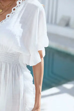 White Crochet-Trimmed Dress with Woven Straw Handbag Cover-Up Set Swimwear Cover-Ups