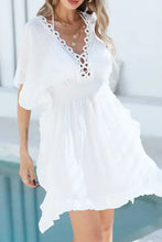 White Crochet-Trimmed Dress with Woven Straw Handbag Cover-Up Set Swimwear Cover-Ups
