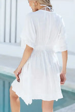 White Crochet-Trimmed Dress with Woven Straw Handbag Cover-Up Set Swimwear Cover-Ups