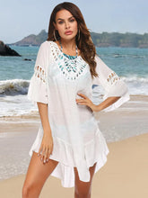 White Crochet Trim Beach Cover Up Backless Semi Sheer Acrylic Blend White One Size