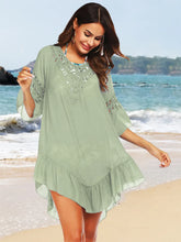 White Crochet Trim Beach Cover Up Backless Semi Sheer Acrylic Blend Sage One Size
