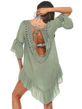 White Crochet Trim Beach Cover Up Backless Semi Sheer Acrylic Blend
