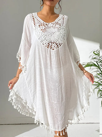 White Crochet Trimmed Tassel Tunic Dress Swim Cover Up White One Size