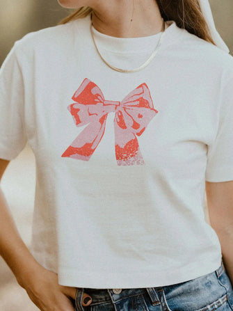 White Cropped T-Shirt with Pink Bow Graphic for Women White