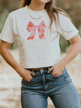 White Cropped T-Shirt with Pink Bow Graphic for Women