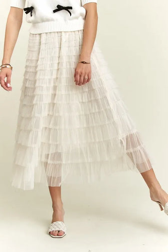 White Elastic Waist Layered Mesh Midi Skirt for Women Beige