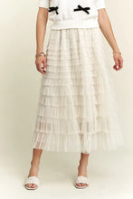 White Elastic Waist Layered Mesh Midi Skirt for Women