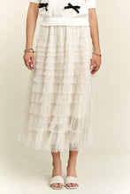 White Elastic Waist Layered Mesh Midi Skirt for Women