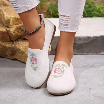 White Embroidered Slip-On Shoes with Classic Round Toe for Women White