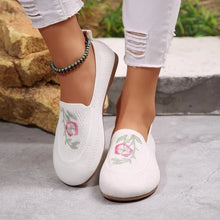 White Embroidered Slip-On Shoes with Classic Round Toe for Women