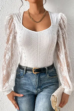 White eyelet bodysuit with lace semi sheer sleeves