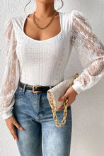 White Eyelet Bodysuit with Lace Semi Sheer Sleeves