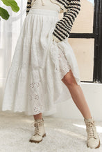 White Eyelet Elastic Waistband Tiered Midi Skirt White