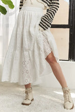 White eyelet elastic waistband tiered midi skirt