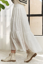 White Eyelet Elastic Waistband Tiered Midi Skirt