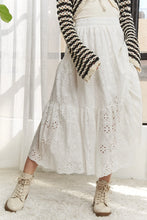 White Eyelet Elastic Waistband Tiered Midi Skirt