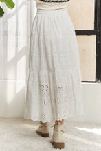 White Eyelet Elastic Waistband Tiered Midi Skirt