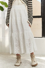 White eyelet elastic waistband tiered midi skirt