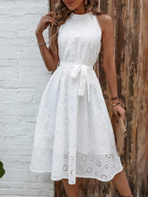 White Eyelet Halter Midi Dress with Lace Detail