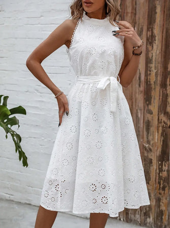 White Eyelet Halter Midi Dress with Lace Detail White