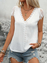 White Eyelet Lace V-Neck Blouse with Decorative Buttons