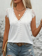 White Eyelet Lace V-Neck Blouse with Decorative Buttons White Woman Blouses