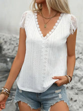 White Eyelet Lace V-Neck Blouse with Decorative Buttons Woman Blouses