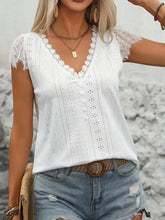 White Eyelet Lace V-Neck Blouse with Decorative Buttons Woman Blouses