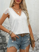 White Eyelet Lace V-Neck Blouse with Decorative Buttons Woman Blouses