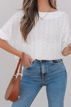 White Eyelet Pattern Boat Neck Casual Top for Women White