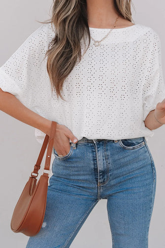 White Eyelet Pattern Boat Neck Casual Top for Women White