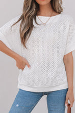 White Eyelet Pattern Boat Neck Casual Top for Women