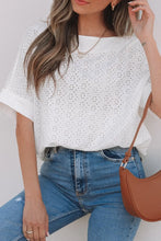 White Eyelet Pattern Boat Neck Casual Top for Women