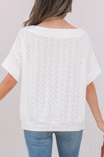 White Eyelet Pattern Boat Neck Casual Top for Women