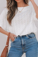 White Eyelet Pattern Boat Neck Casual Top for Women