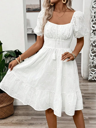 White Eyelet Puff Sleeve Smocked Dress White