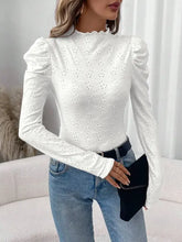 White eyelet puff sleeve top with scalloped neckline for women