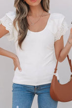 White Eyelet Ruffle Sleeve Square Neck Top for Women Woman T Shirts