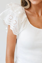 White Eyelet Ruffle Sleeve Square Neck Top for Women