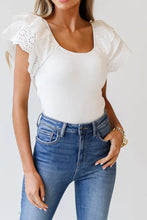 White Eyelet Ruffle Sleeve Square Neck Top for Women
