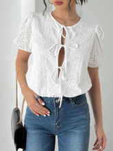 White Eyelet Tie Front Bodysuit in Stretch Viscose