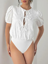 White Eyelet Tie Front Bodysuit in Stretch Viscose Woman Bodysuits