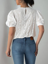 White Eyelet Tie Front Bodysuit in Stretch Viscose