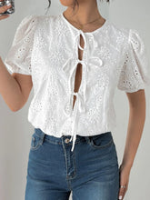 White Eyelet Tie Front Bodysuit in Stretch Viscose