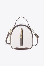 White and brown PU leather handbag with gold zipper and top handle