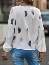 White Feather Print Blouse with Button Front Blue Jeans for Women