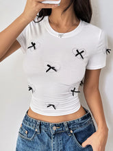 White Fitted T Shirt with Heart and Bow Accents for Women